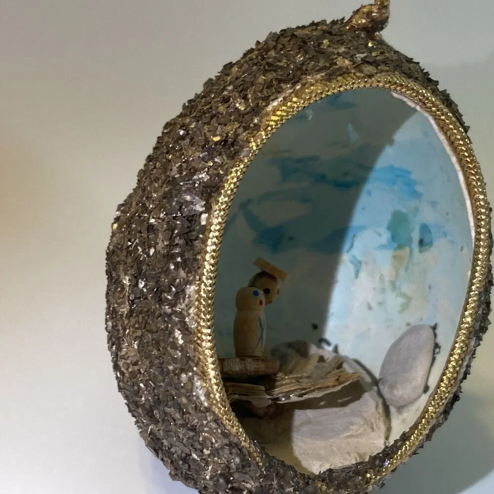 Vintage Diorama Christmas Egg Ornament Glitter Handmade Mary Joseph & Baby Jesus